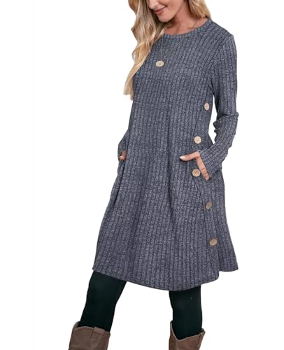 Aokosor Pulloverkleid Damen Langarm Kleider Strickkleid für Damen Winterkleid Tunika Kleid Jumper Kleid mit Knöpfen und Taschen Streifen Blau XL