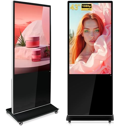 PWR4GTR 43 Inch Digital Signage, FHD 1080P Commercial Interactive Kiosk Floor Standing Android Totem Indoor Advertising Display with 500 Nits High Brightness, 2+32GB, Non-Touch