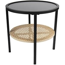 Bloomingville Boho Round Metal Accent Table with Tray Style Top and Handwoven Bamboo Storage Shelf, Black and Natural