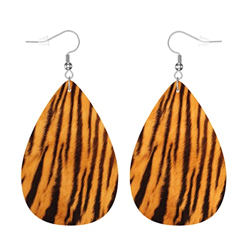 Zokola Faux Leather Earrings Tiger Fur, Furry Animal Tiger Skin Lightweight Leaf Earring, Orange Black Stripes Teardrop Dangle Earrings Bridal Wedding Earrings For Friends Women