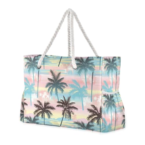 JUNZAN Tropical Pink Green Beach Tote Bag with Handles Beach Totes Bags for Women with Waterproof Pockets