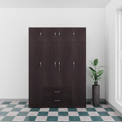 Image of VIKI Wardrobe | Wooden Almirah for Clothes,Door for Bedroom with Loft, 4 Door Wardrobe with Drawer & Hanging Space (Dark Wenge - 40D x 160W x 220H) | 1 Year Warranty | Free Assembly