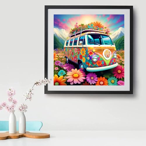 mrpwnle Flowers Bus Diamond Painting Kits for Adults-Flowers Bus Diamond Art Kits for Adults,5D Diamond Painting Bus,DIY Full Drill Diamond Painting Flower Gem Art and Crafts Kits 12x12inch