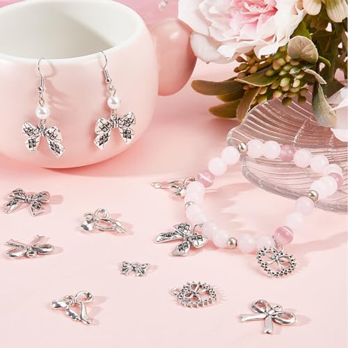 SUNNYCLUE 1 Box 50Pcs 5 Styles Bow Charms Bowknot Charm Alloy Silver Hollowed Tibetan Style Halloween Christmas Bow knot Charms for jewellery Making Charms Supplies DIY Crafting Necklace Bracelets - Image 4
