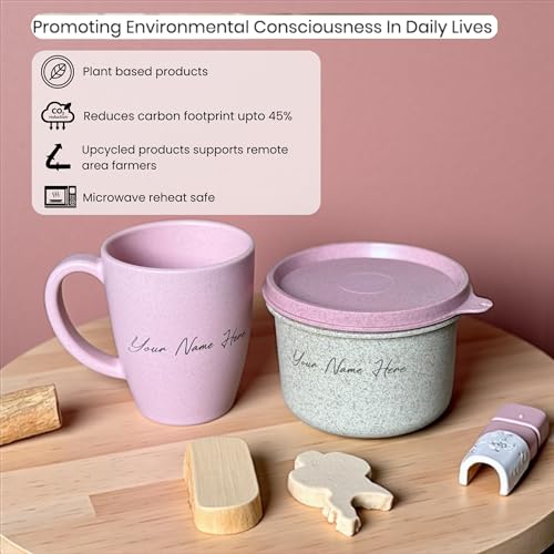 Image of Happy Cove Eco Friendly Rice Husk Wheat Straw Bamboo Fibre Coffee Mug & Snack Container - Personalized Gifts For Women | Customised Gifts For Women | Rakshabandhan Gift | Customized Gift | Chroma Pink