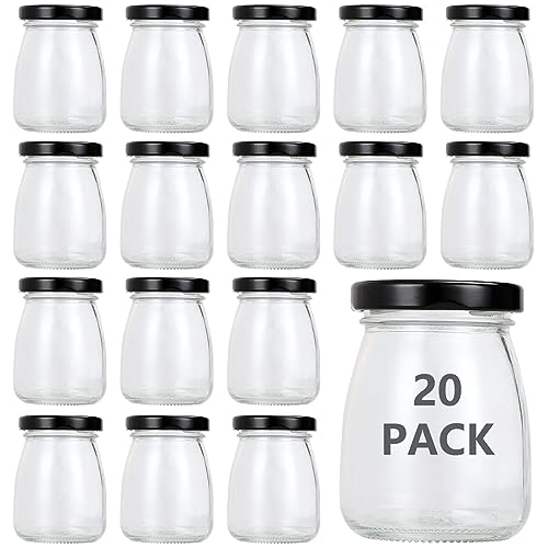 MUXHEL 20 tarros de yogur de 100 ml con tapa negra, frascos pequeños de cristal, mini botellas de cristal para mermelada, miel, gelatina, mousse, especia