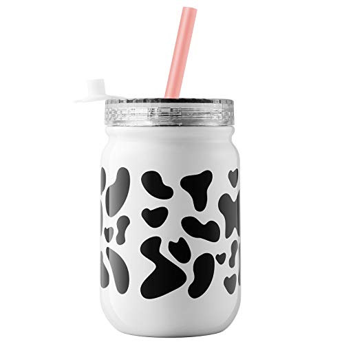 ZLINS Cup with Straw and Lid,Iced Coffee Travel Mug,Stainless Steel Drinking Tumbler,Insulated Reusable Metal Cup,Hot Cold Mason Jar,for Smoothie, Milkshake,Cocktails,14OZ (Cow Print)