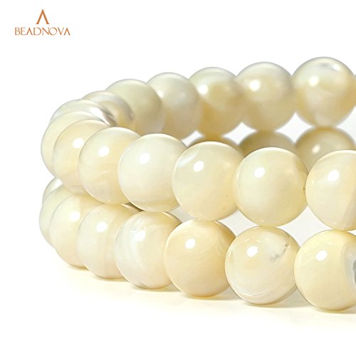 Image of BEADNOVA Natural White Mother of Pearl Shell Beads Natural Crystal Beads Stone Gemstone Round Loose Energy Healing with Crystal Stretch Cord for Jewelry Making (8mm, 45-48pcs)