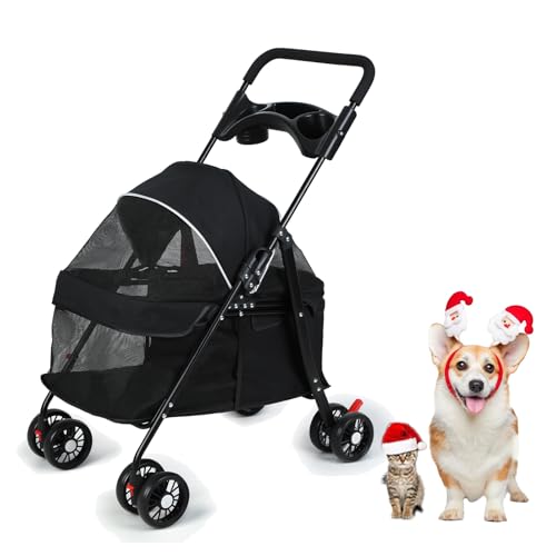 loyliawa 2-in-1 Haustier- und Kinderwagen, zusammenklappbarer Hundebuggy mit 4 Rädern, Welpen- und Kittenkorb, Getränkehalter, wasserdichte Polsterung, Sonnenschutz