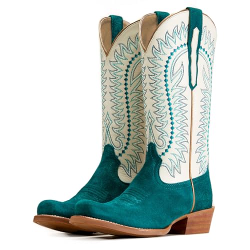 Women Mid Calf Cowboy Boots Embroidered Square Toe Chunky Heel Western Boots Calf High Two Tone 2” Stacked Heel Cowgirl Calf Boots Patchwork Matte Suede Pull On Wide Calf 4-11 M US