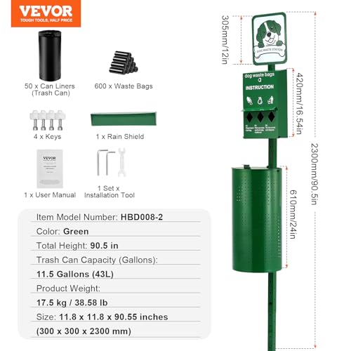 Image of VEVOR Dog Waste Station, 11.5 Gallon Pet Waste Station with Lockable Bag Dispenser, 50 Can Liners & 600 Waste Bags, Outdoor Pet Poop Station for Apartments, Parks, Backyard, Dog Waste Disposal System