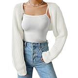 Fuimsul Women Open Front Ribbed Knit Crop Bolero Drop Shoulder Long Sleeve Solid Loose Fit Knitted Crop Cardigan Shrug White