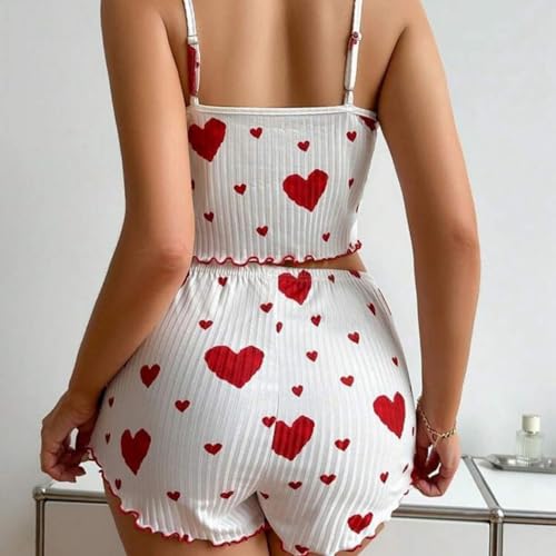 Heart Print Pajamas Loungewear Sleeveless Cutout Shirt Pjs Slim Fit Bowknot Shorts Sleepwear Two Piece Set3