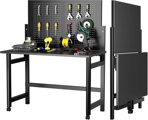 Heavy-Duty Wall-Mounted Workbench,Workbench with Pegboard,Work Bench Table for Foldable, Metal Tool Work Bench for Garage Warehouse Workshop for Garage, Warehouse, Workshop, Home,Black
