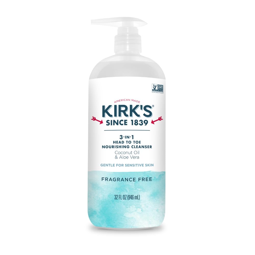 Kirk's 3-in-1 Head to Toe Nourishing Liquid Cleanser- for Men, Women & Children - Premium Coconut Oil & Aloe Vera- Non GMO & Vegan -Fragrance Free - 32 Fl Oz.