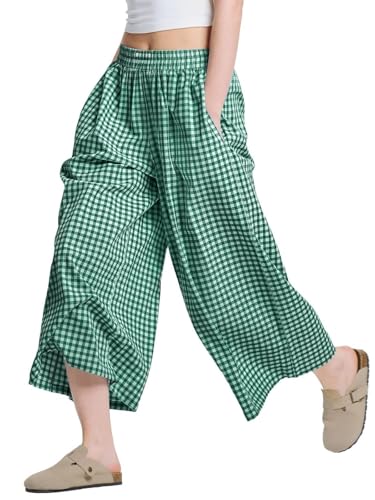Women's Wide Leg Capri Pants Elastic High Waist Plaid Gingham Culottes Palazzo Trousers with Pockets
