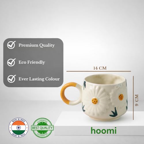 Image of Handcrafted Ceramic Floral Coffee Mug | Daisy Flower Design Tea & Coffee Cup for Home, Office & Gifting | Microwave Safe Mug (Sunflower Set of 2)