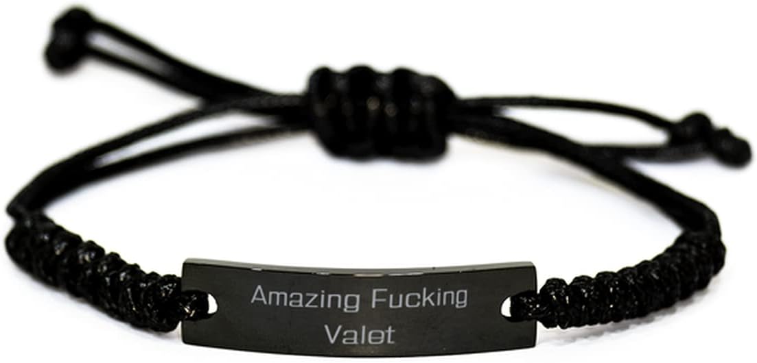 Cute Valet Black Rope Bracelet, Amazing Fucking Valet, Gifts for Colleagues, Present from Friends, Engraved Bracelet for Valet