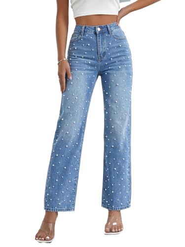 EZAPINE Pearl Jeans for Women High Waisted Straight Leg Denim Pants Beaded Jeans Wide Leg Trendy Y2K Casual Jean Pants Light Blue
