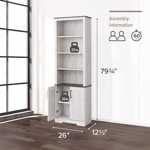 Image of Prepac Rustic Ridge Bookcase with Doors, Washed White Storage Cabinet with Doors and Shelves, Accent Cabinet 26 inch W x 79.75 inch H x 12.5 inch D, ASBR-1630-1