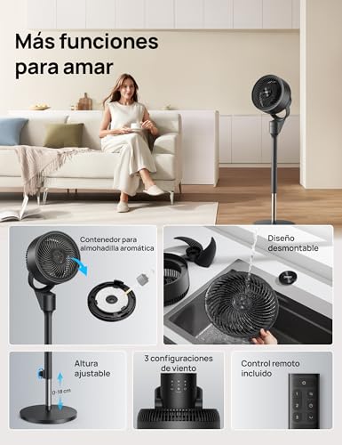 Dreo Ventilatore a Piantana Silenzioso 25dB, Oscillazione Orizzontale Automatica 80°, 3 Velocità, Portata fino a 24m, Potente con Telecomando, Inclinazione Verticale Manuale 90°, Timer 6 Ore - imagen 8