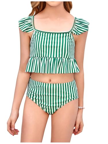 Image of Floerns Girl's 2 Piece Swimsuits Striped Ruffle Hem High Waisted Bathing Suit