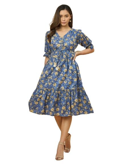 Image of Azira 100% Cotton Printed Fit & Flared Mandarin Collar Midi Dress | Casual Dress | Dress for Woman | Summer Dress
