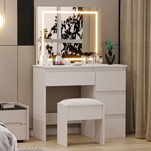 GarveeHome Makeup Vanity Desk with Mirror & Lights, Vanity Desk with Power Outlet, Large Makeup Table with Stool & 4 Drawers Black