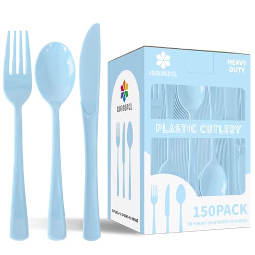 150 Pack Plastic Silverware Disposable Cutlery Set Heavy Duty Utensil Sets 50 Forks 50 Knives 50 Spoons for Brithday Wedding Home Office School Party Picnics (Light Blue)