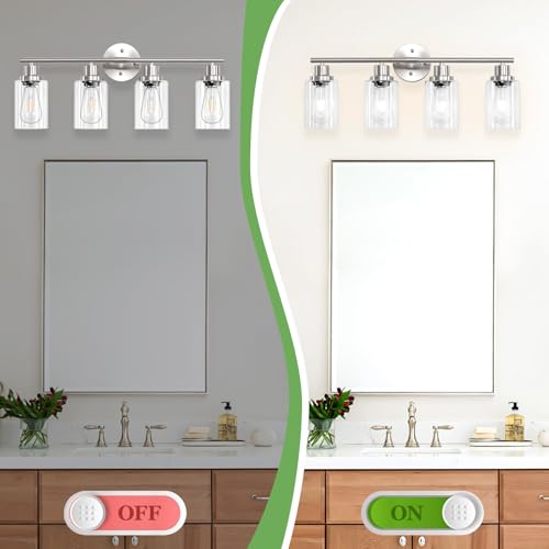 Image of 4-Light Nickel Bathroom Light Fixtures, E26 Modern Vanity Lights for Bathroom with Clear Glass Shade, Wall Lamps for Mirror Hallway Kitchen Cabinet Living Room Sconces Lights