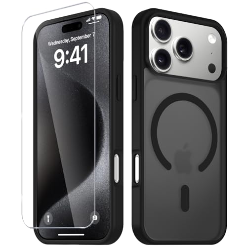 Image of YENAPOON for iPhone 17 Pro Max Case, Matte Magnetic Phone Cover [with 1 Screen Protector] [Support for MagSafe] [Shockproof Military Grade Protection] Translucent Frosted Back, Black