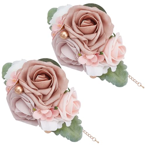 PLIGREAT 2 piezas bola muñeca ramillete artificial flores rosa blanco pulsera nupcial flores broche flores para baile de graduación boda novia dama de honor decoraciones de fiesta