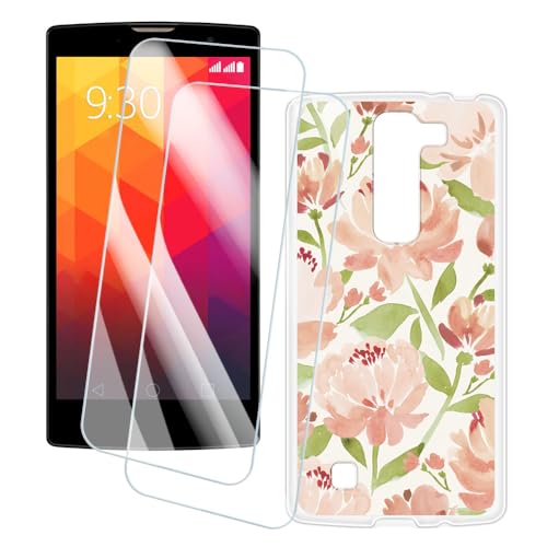 OAGELIM 2 Pack Screen Protector + Case Compatible with LG G4 Mini (5 inch) Case Artistic Cover and Tempered Glass Film Anti-Scratch (Flowers)