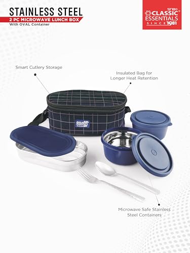 Image of CLASSIC ESSENTIALS Supreme All in One Lunch Box with Insulated Bag | Microwave Safe Containers with Steel Inner | Leak Resistant (Without Bottle, Blue, 2 Container)