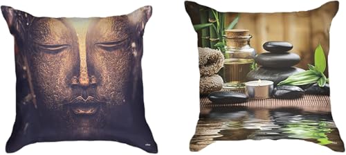 Ulticool - Funda de cojín - Buda Zen Spa Meditación Paz - Juego de 2 motivos - 45 x 45 cm - Cojín decorativo sin relleno - Funda de cojín accesorio para sofá/cama - Sepia marrón