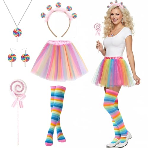ZXTGBQ 6 Pcs DéGuisements Bonbons Femmes, Costume De Bonbon, Candy Bandeau Boucles D'Oreilles Collier De Sucette Tutu Arc-En-Ciel Bas Candy Costume Accessoires Cosplay Pour Halloween NoëL Carnaval
