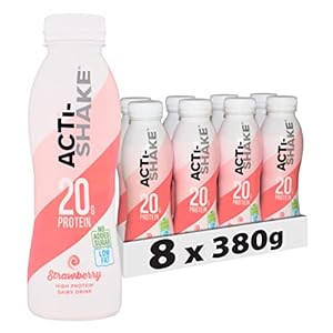 Acti-Shake Strawberry High Protein Dairy Drink 380g (Pack of 8) – 20g of Protein per bottle – Ready to Drink – Low Fat and No Added Sugars – 185 kcal – Multipack