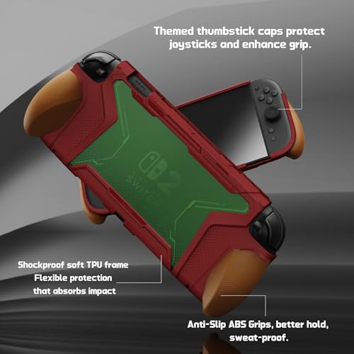 Image of PlayVital for Switch 2 Beyond-Grip Dockable Case, Interchangeable FPS /Omni Ergonomic Grips + Military-Grade Drop Protective Cover + 2 Joystick Caps for Nintendo Switch 2 (Red & Orange)