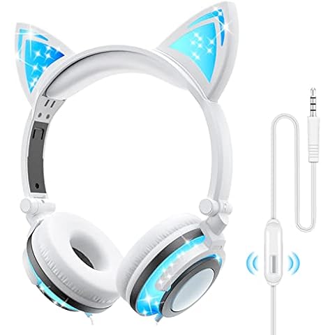 Olyre Kids Headphones Wired with Cat Ear,Safe Volume Foldable Adjustable Flashing LED On Ear Headphones with Mic,Tangle-Free Cord 3.5mm Jack Compatible Smartphones Computer Kindle Tablet White Cover