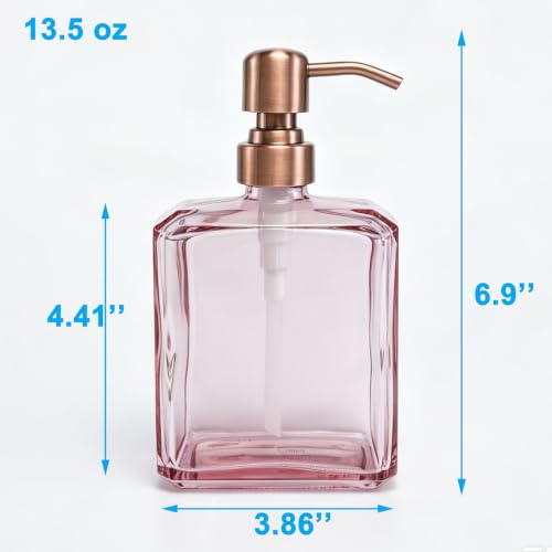 Image of Blush Pink Soap Dispenser Glass Rectangular, Copper Pump, 13.5 oz | Rust Proof Stainless Steel Pump, Refillable, Hand Soap, Liquild Soap, Dish Soap, Bathroom, Kitchen