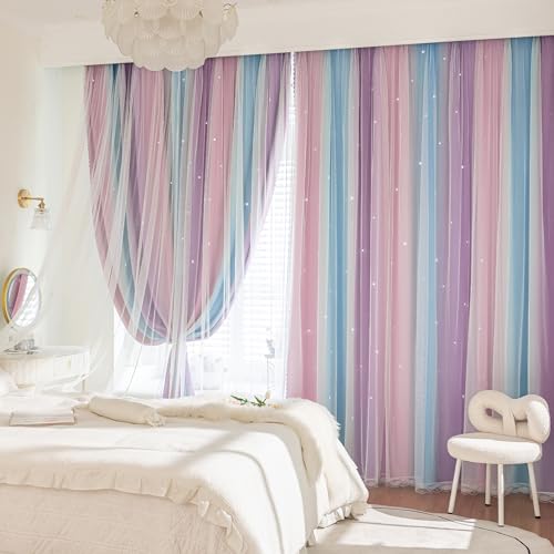 Image of Extra Wide Curtains 84 Inches Long 100 Inch Wide for Girls Bedroom Patio Sliding Door Kids 80% Blackout Curtains for Nursery Room Darkening Rainbow Princess Unicorn Wall 1 Panel 100Wx84L Pink Purple