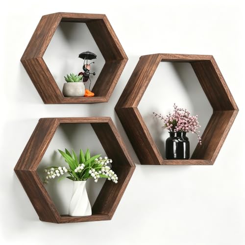 FANSXIVITA Hexagon Floating Shelves Set of 3 Wall Mounted Honeycomb Display Shelf Wood Hexagonal Hanging Storage for Home Bedroom Living Room Hallway Office Decor Rustic Brown