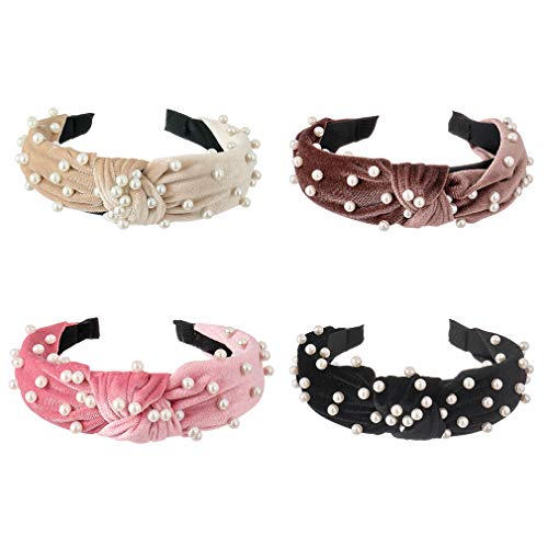 4 Korean Velvet Wide Hair Band Headbands with Faux Pearl Elastic Hair bands, Fashionable Hair Accessories, Available for Children and Ladies, 4 Colors