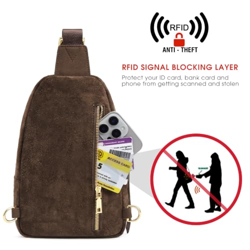 Image of Kattee Sling Bag for Women, Genuine Suede Leather Crossbody Bags | Top grain pebbled cowhide leather fanny pack crossbody purse. Small chest bag with RFID blocking for travel.