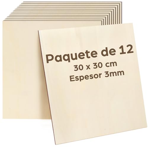 LotFancy Madera Contrachapada de 3 mm, 30 x 30 cm, 12 Piezas Paneles Finos de Bricolaje Cortados con Láser, Láminas de Madera Contrachapada, Manualidades, Kits de Construcción, Modelismo