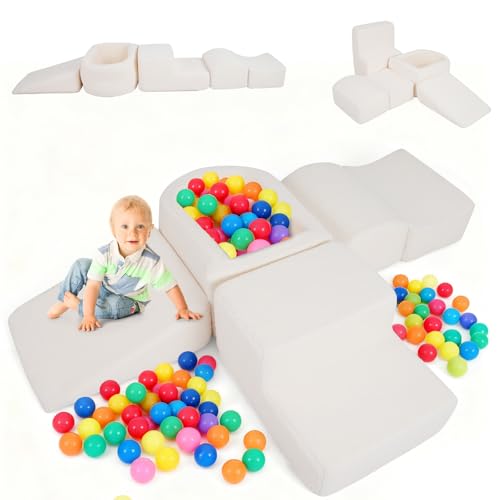 COSTWAY 5PCS Parcours Motricité Bébé en Mousse avec Piscine à Balles, Module Motricité Bébé avec Housse en Sherpa Lavable, Jouets Éducatifs pour Ramper Grimper pour 3 Ans+ (Beige)