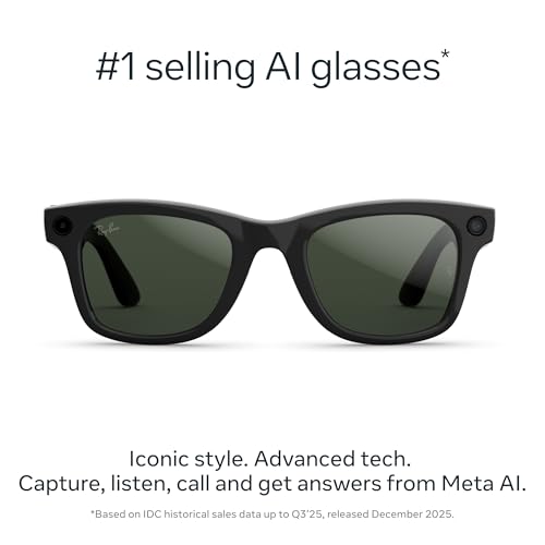 Image of Ray-Ban Meta (Gen 2), Wayfarer Large, Shiny Black | Smart AI Glasses for Men, Women - 2X Battery Life - 3K HD Resolution - 12 MP Ultra-Wide Camera, Audio, Video - Transitions Graphite Green Lenses