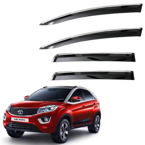 Image of CAR SAAZ Unbreakable Chrome Smoke Door Visor for Nexon (2017-2019) | Premium Sun Rain Wind Deflector Chrome Strip Side Door Rain Visor - Set of 4 Pcs