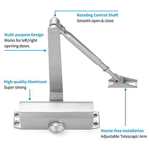 Door Closer Residential Automatic Door Closer Hydraulic Closing Speed Adjustable , Lontan Commercial Adjustable Storm Door Closer Silver Aluminum Alloy (150 Lb Capacity) #TOP4