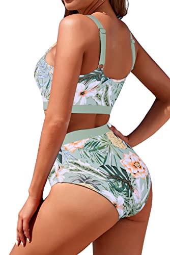 Image of Womens High Waisted Bikini Sets Sporty Crop Top Color Block Swimwear Bandeau Scoop Neck Vintage Two Piece Bathing Suits